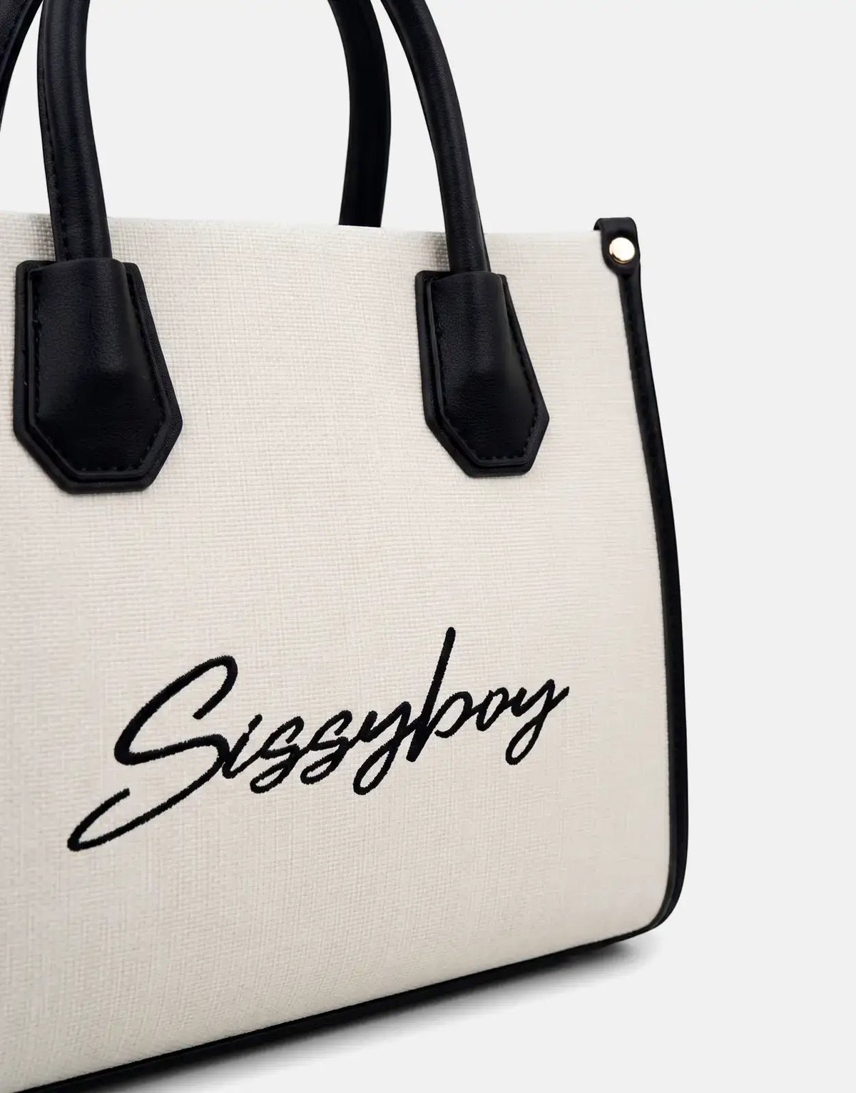 Sissy Boy Willow Black Mini Tote Bag in off-white canvas with black handles and trim, featuring an embroidered Sissyboy logo.