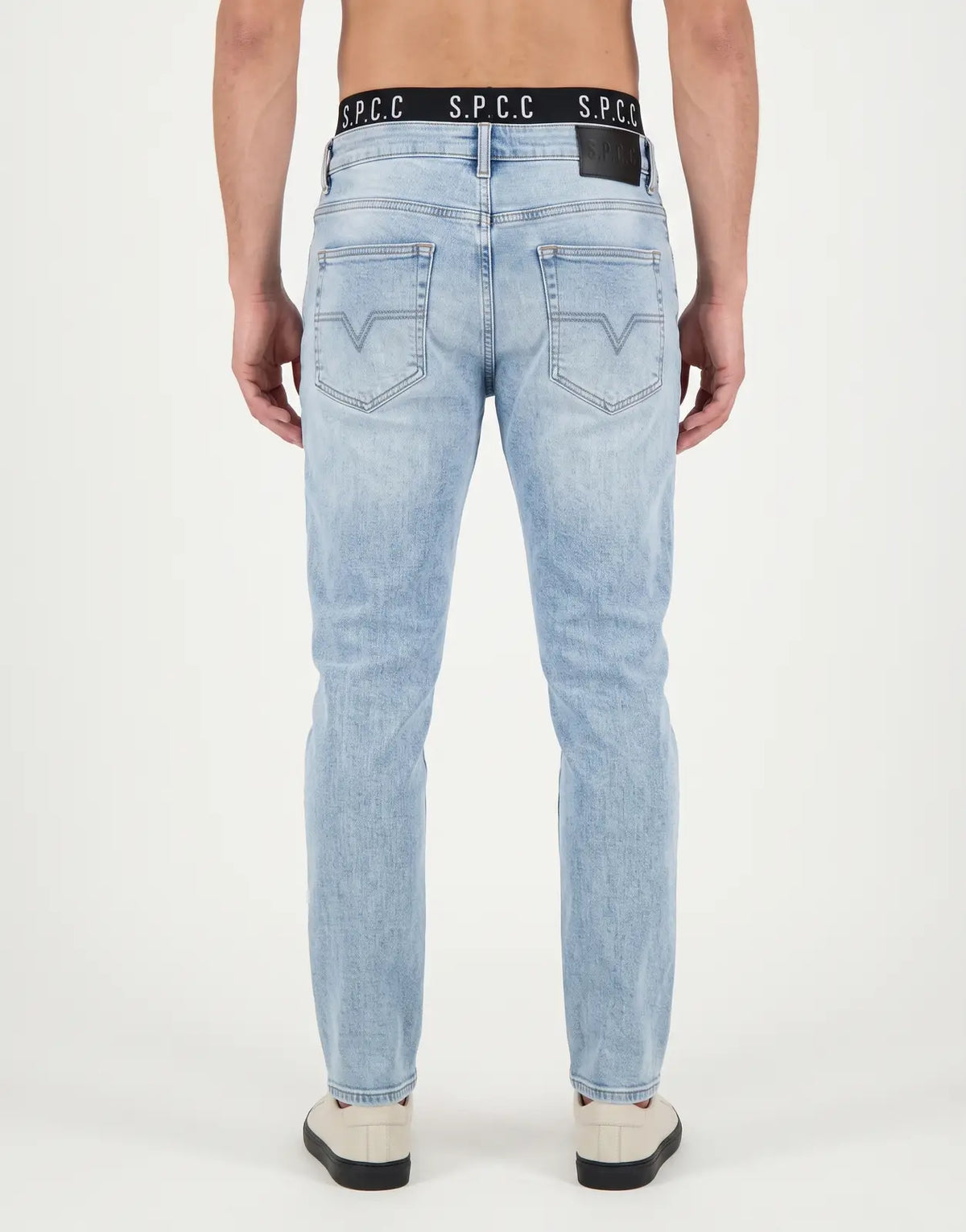 Men's SPCC Subzero Bleach Jeans in a light wash blue denim, featuring back pockets with V-shaped embroidery.