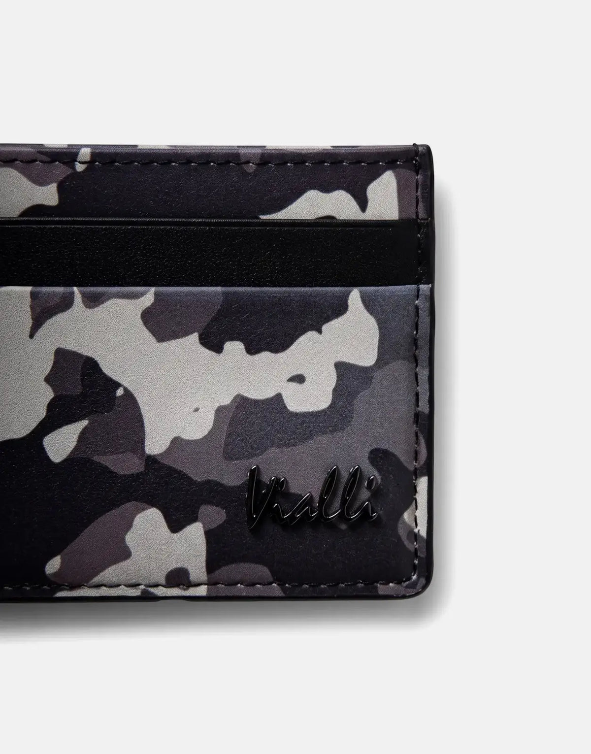 Close-up view of a Vialli men's card holder featuring a grey and black camouflage pattern with sleek black trim and the