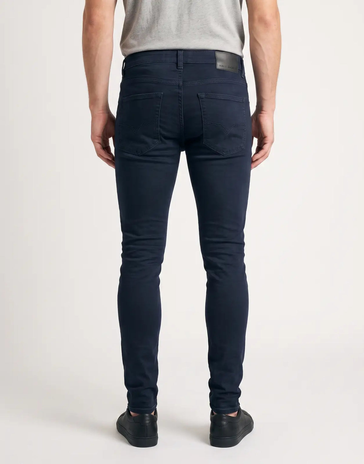 Vialli Gabbitti Sottle slim fit dark indigo jeans, back view showing rear pockets and navy stitching.