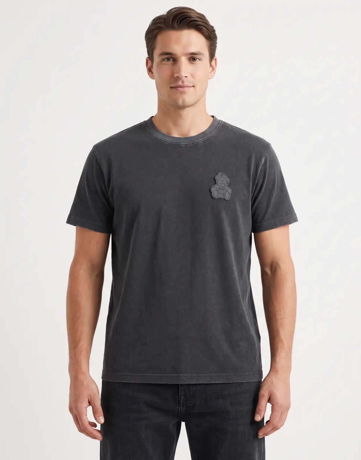 Vialli Natura Black T-shirt with a crew neck and short sleeves, featuring a subtle dark grey teddy bear patch on the chest.