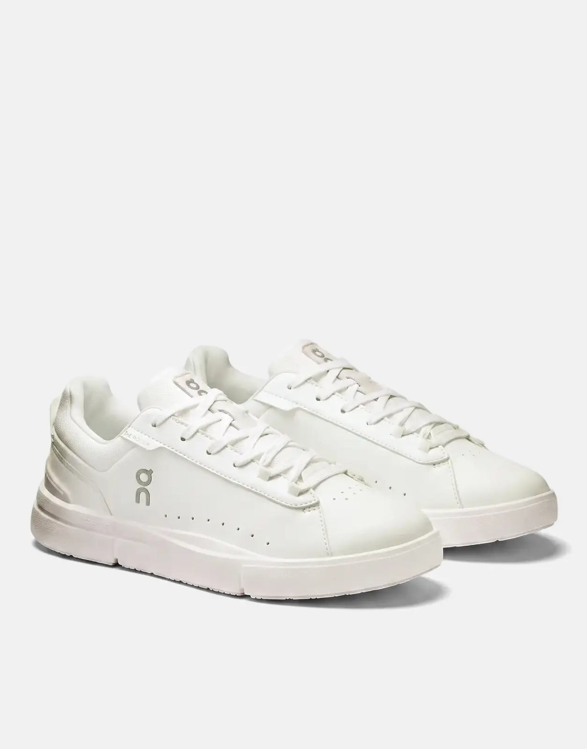On Women's Roger Advantage white sneaker in white leather with a cushioned insole and clean low-profile design.