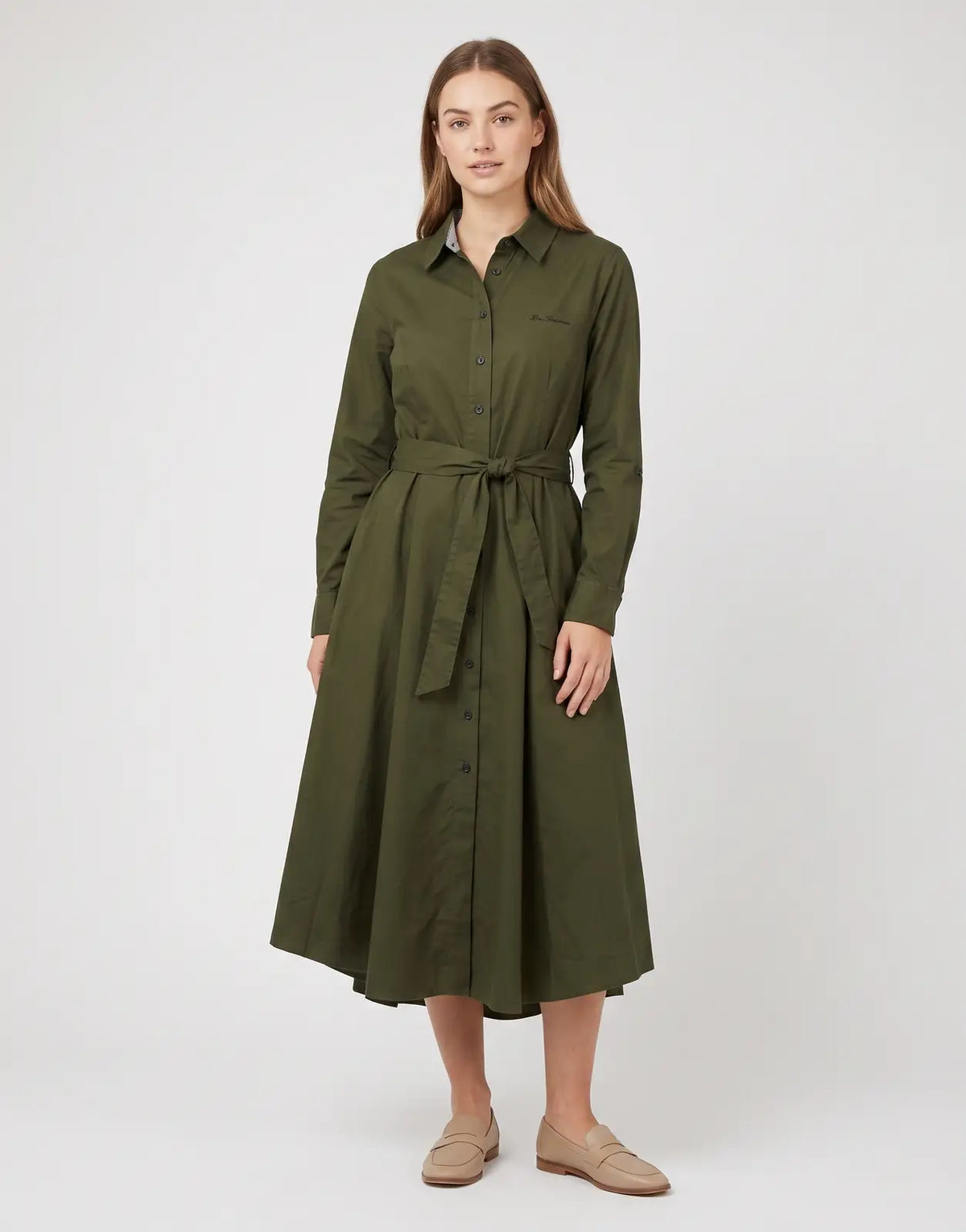 Ben Sherman Diana Fit & Flare Olive Dress, featuring a button-down front, classic collar, and a stylish tie-waist design.
