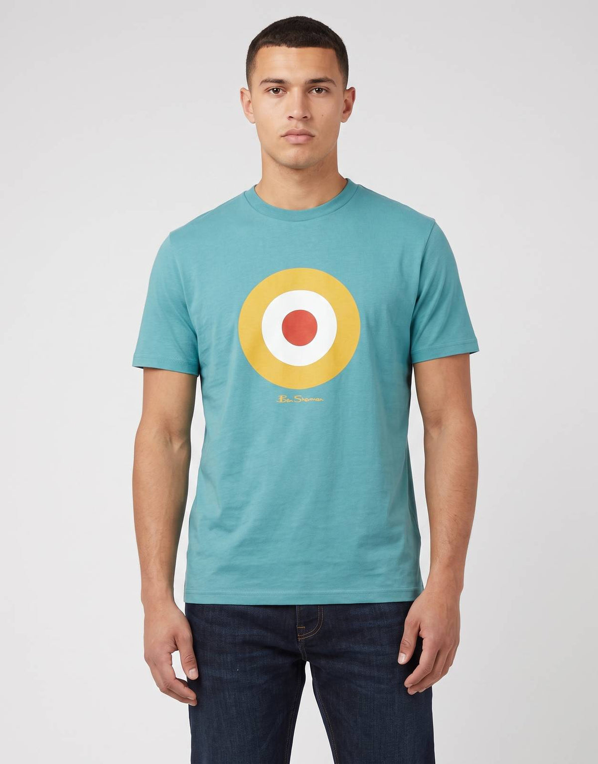 Men's Ben Sherman Target Aqua Teal T-Shirt featuring a red, white, and yellow target logo. Short-sleeved crew neck.