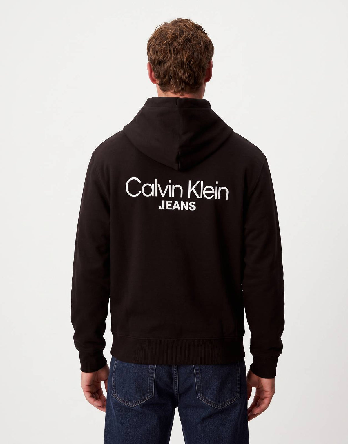 Men's Calvin Klein Logo Back Print Black Hoodie, showcasing the distinctive white branding on the reverse side.