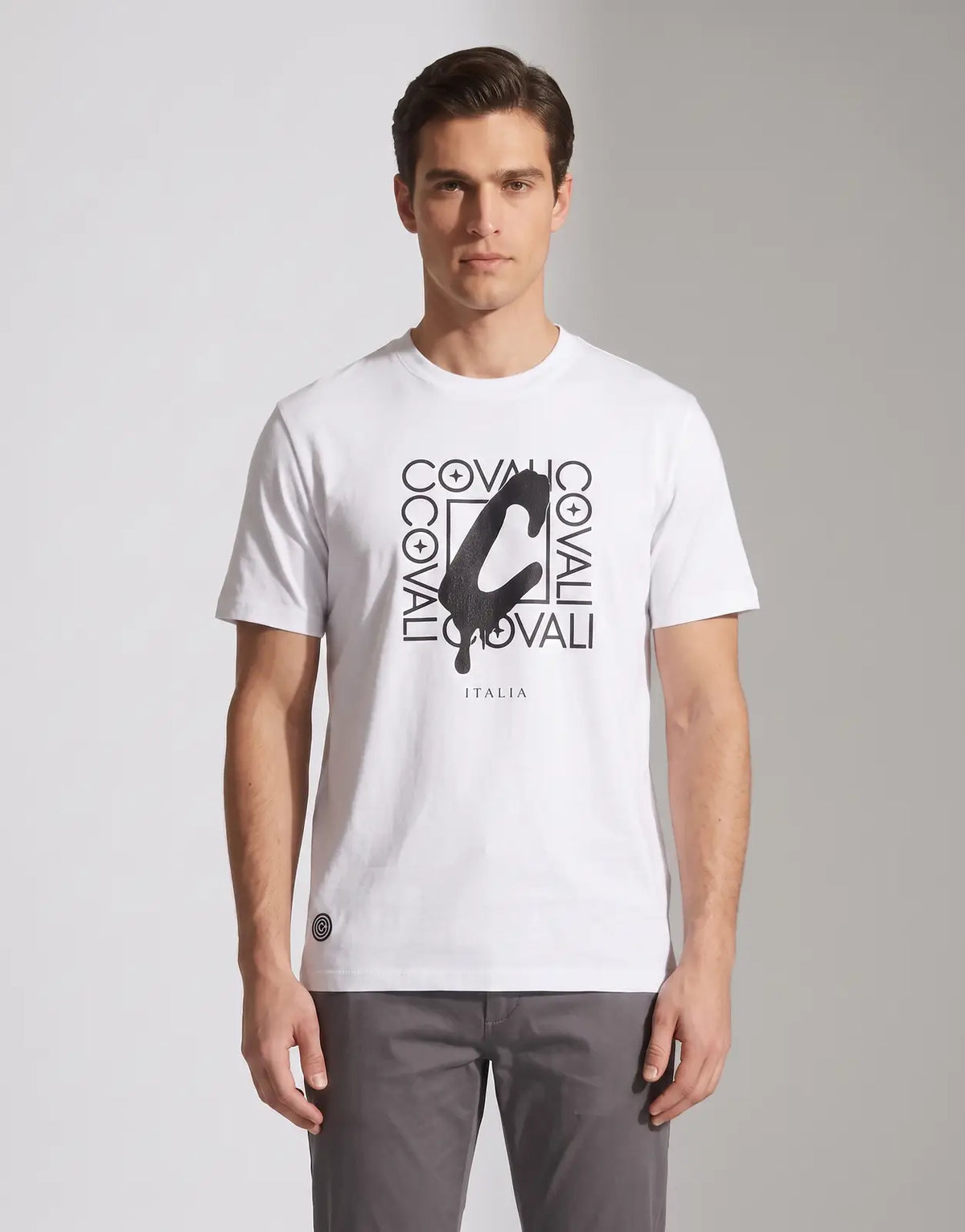 Covali Ceeva B White T-shirt for men, featuring a bold black 'COVALI ITALIA' graphic and dripping 'C' logo on the front.