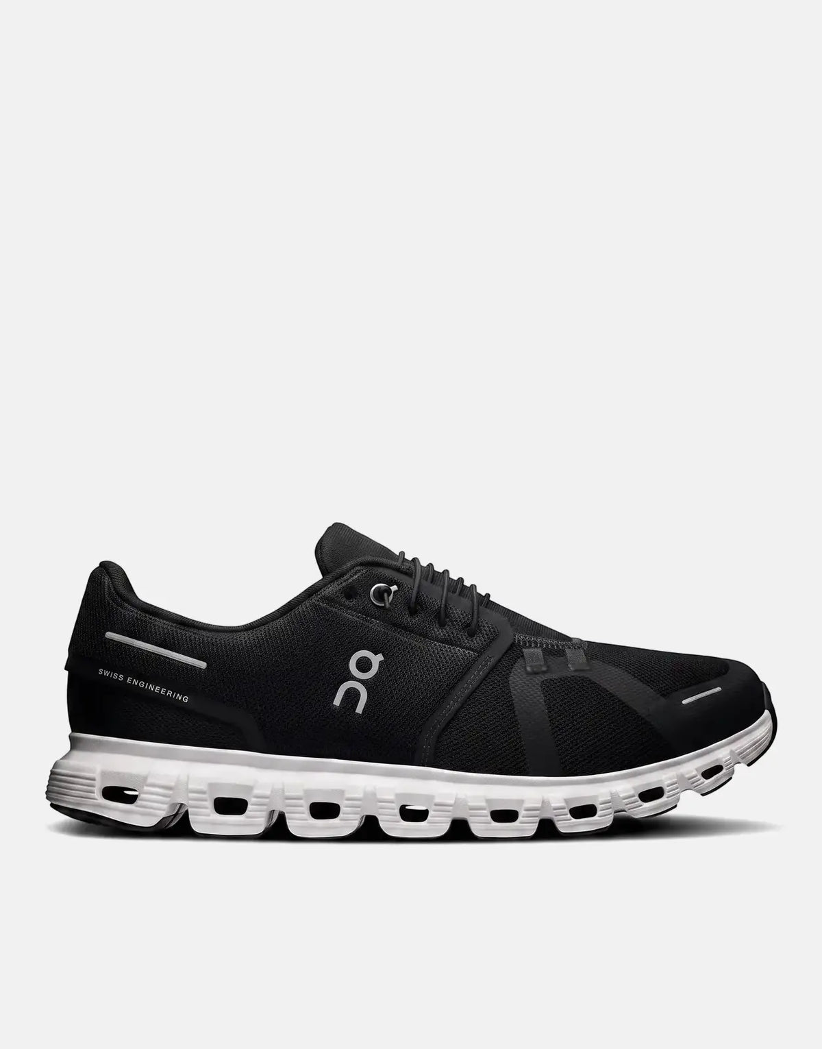 On Men's Cloud 6 sneaker in black and white, featuring a mesh upper and white sole, shown in a side profile view.