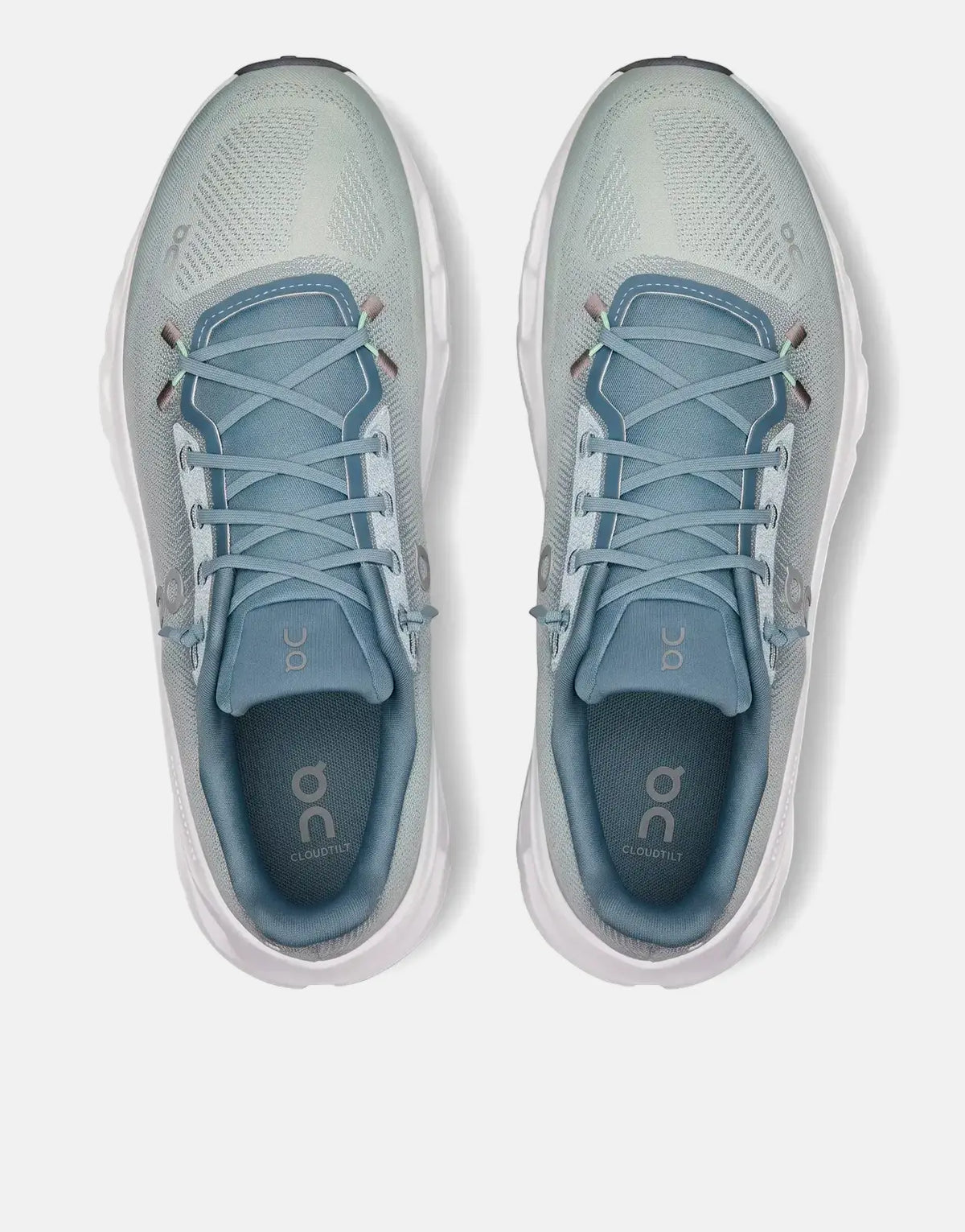 On Men's Cloudtilt Tide Mineral running shoes in light blue and teal, presented from a top-down view.