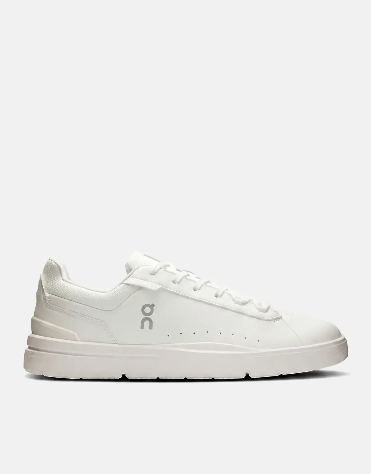 On Men's Roger Advantage white leather low-top sneaker with white laces and a gray 'oC' logo on the side, shown in a clear