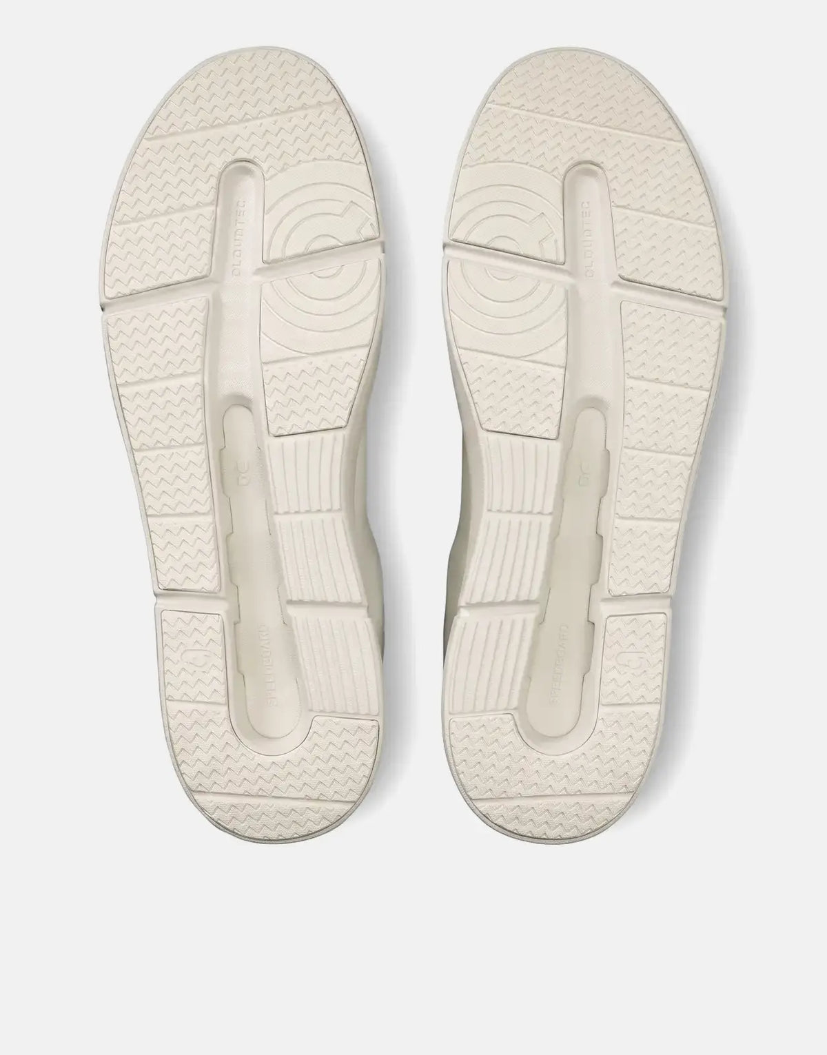 Overhead view of two On Men's Roger Advantage White Sneakers, showcasing their textured soles.