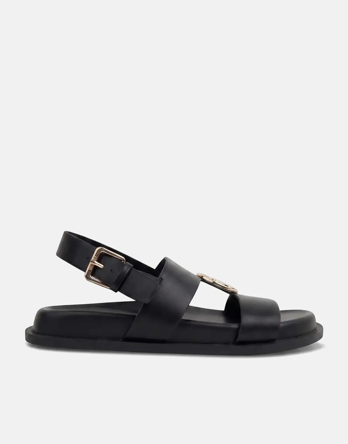 Polo Moulded New Trim Black Sandal with a gold-tone buckle and broad straps, captured from a side profile.