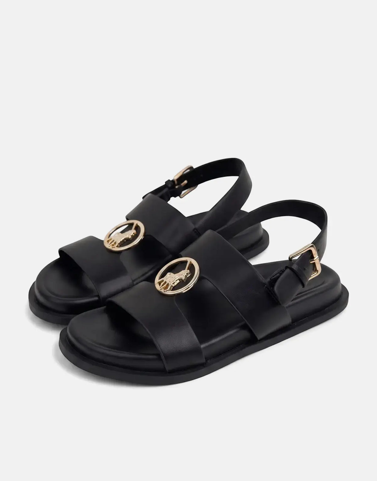 Pair of Polo Moulded Trim black sandals with gold emblem detailing and sturdy black soles, presented on a clean background.
