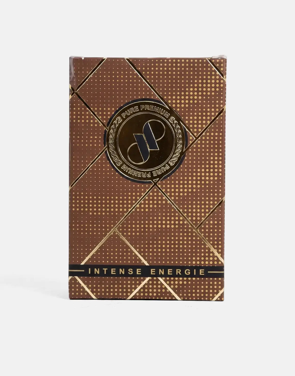 Pure Premium Intense Energie Perfume in a brown and gold rectangular box, standing upright with intricate dot and line