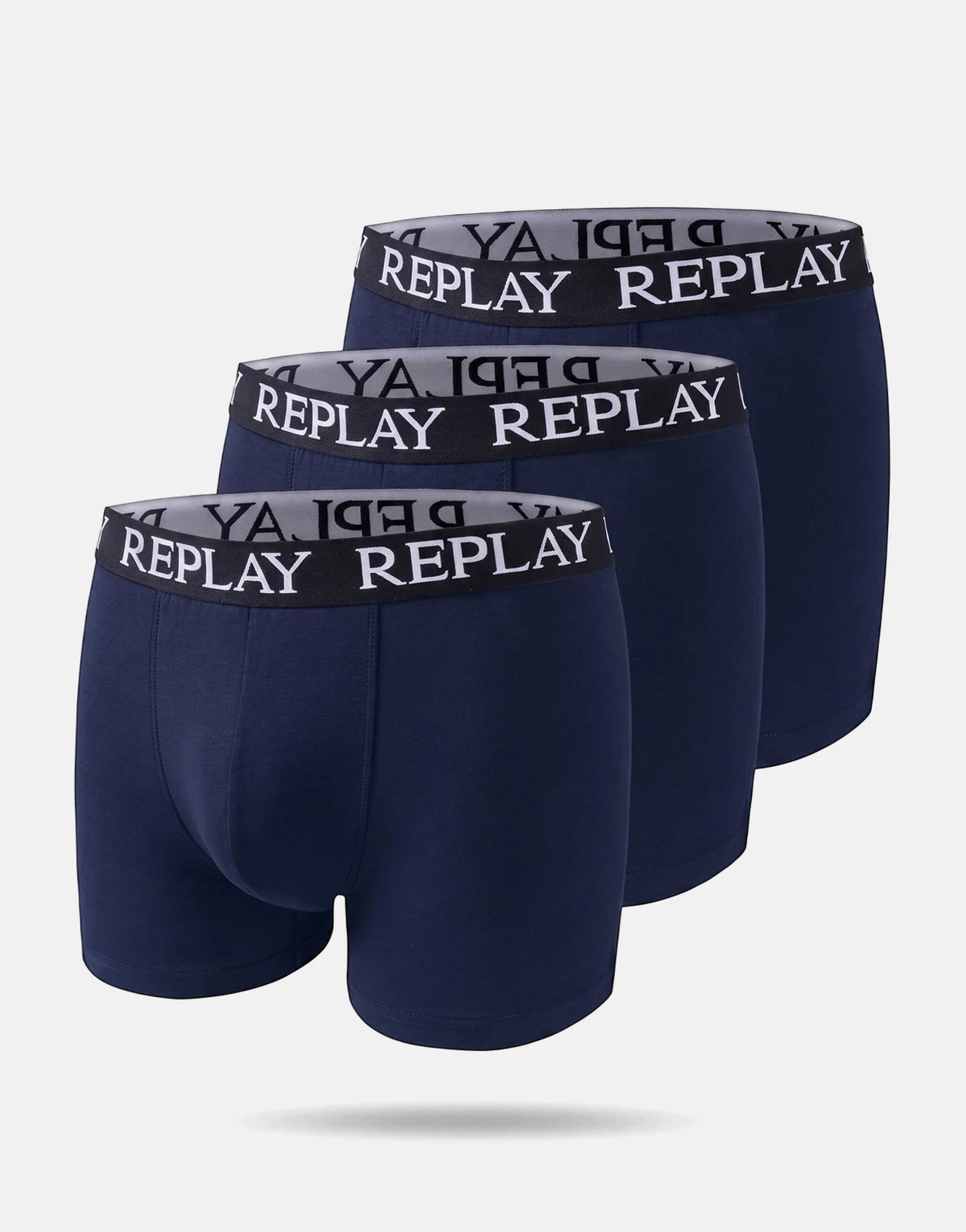 Replay 3 pack men's navy blue boxer briefs with branded waistbands, arranged diagonally on a white background.