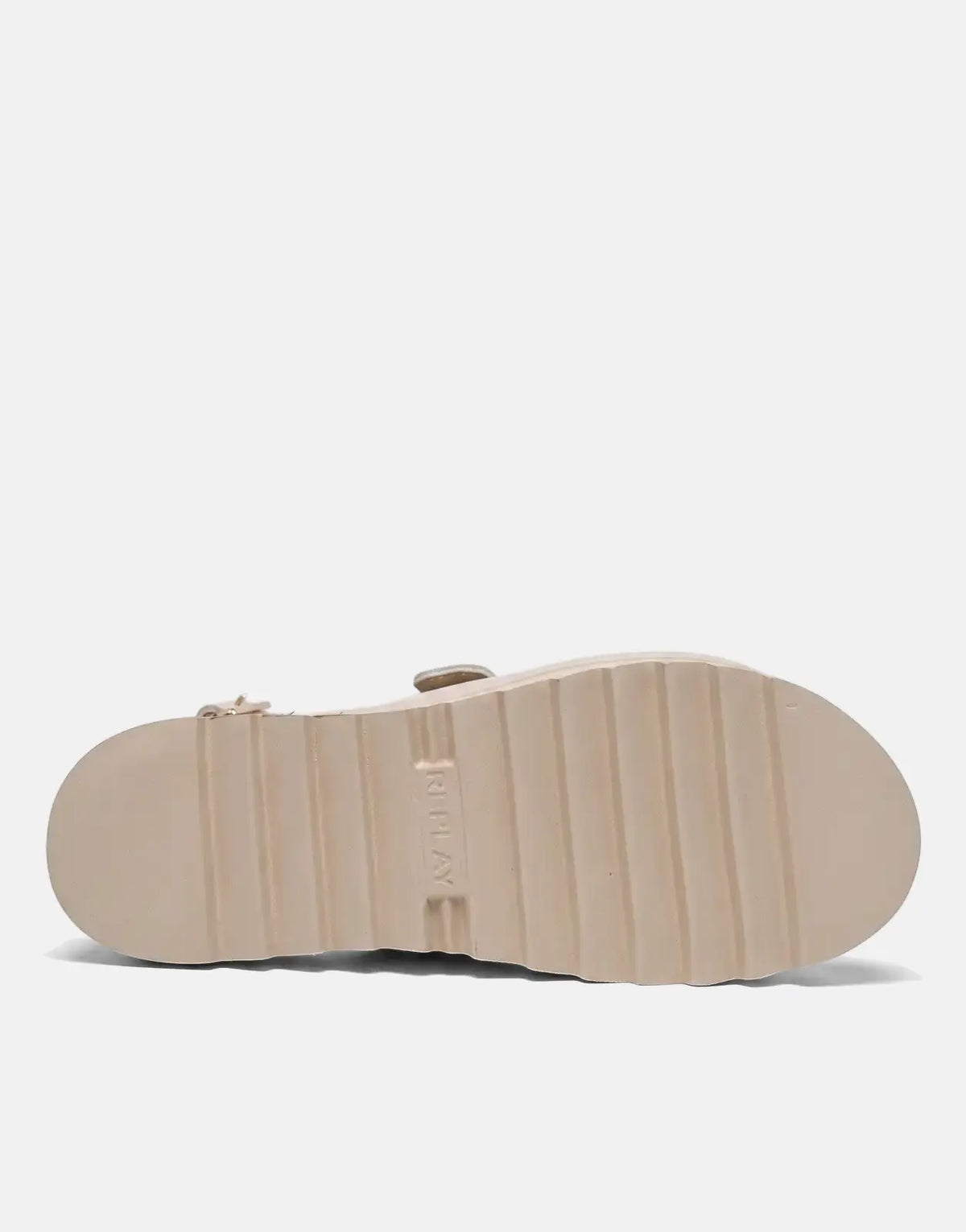 Bottom view of a beige Replay platform sandal, showcasing the textured lug sole and subtle branding.