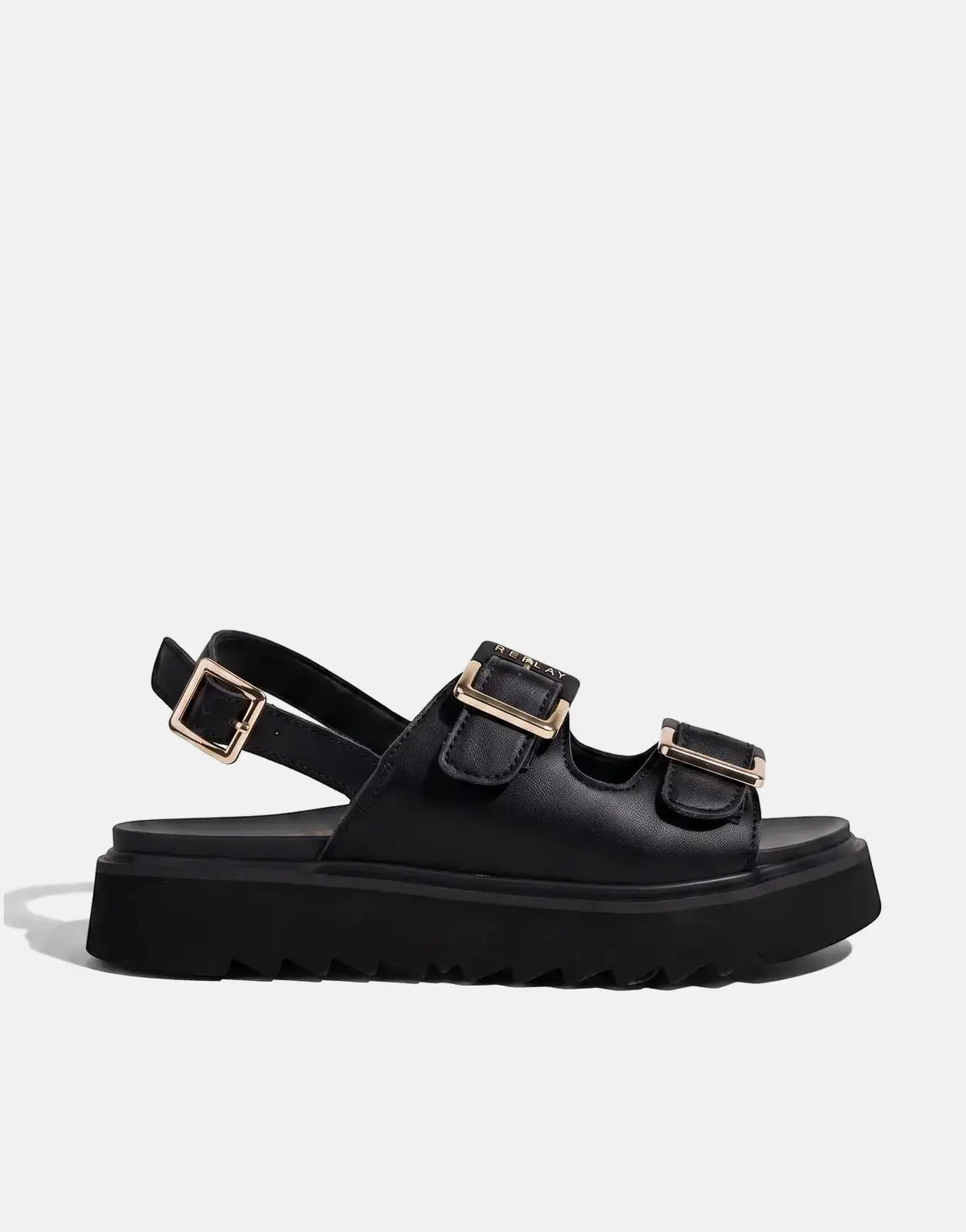Replay New Alicante Tonal Black platform sandals with gold buckles, viewed from the side.