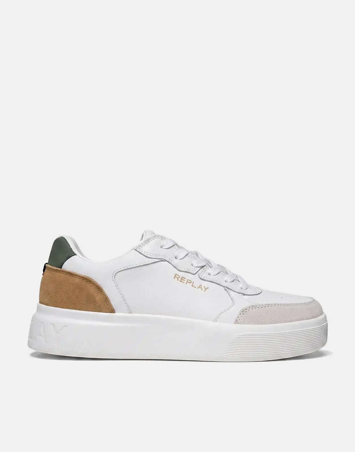 Replay Notting Agency sneakers in white leather and tan suede with a platform sole, shown from a side view.