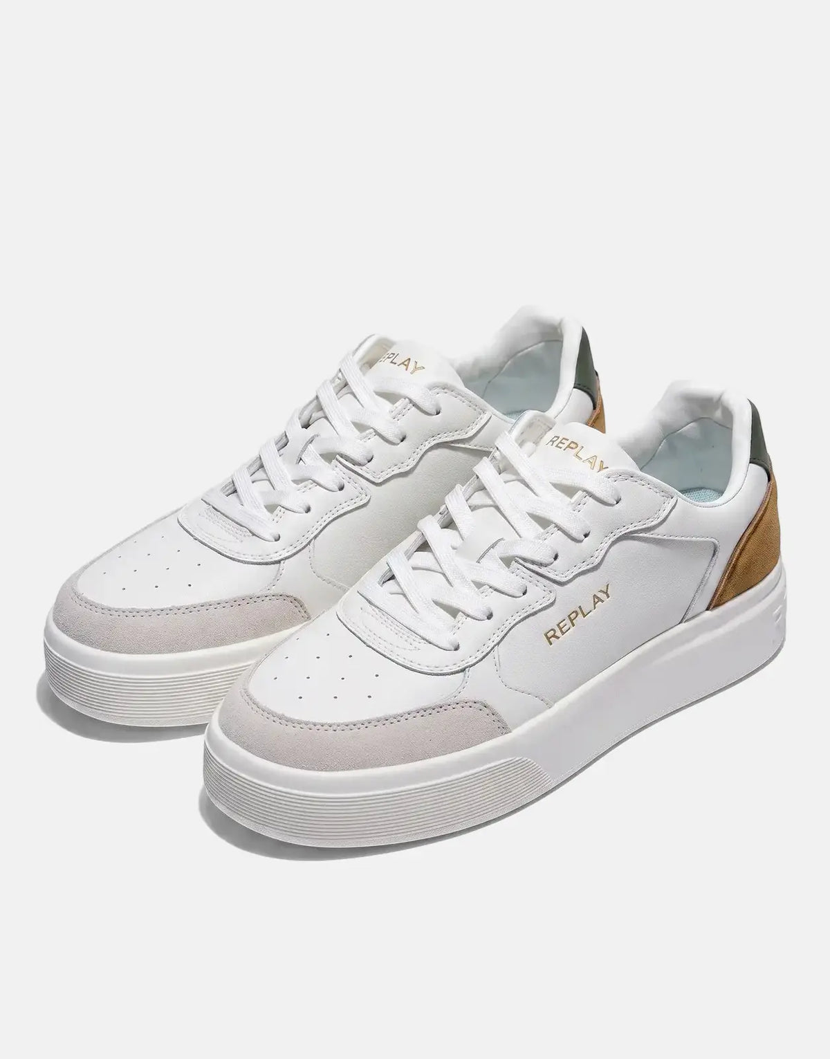 A pair of Replay Notting Agency white and tan low-top sneakers with olive green accents, viewed from a slight angle.
