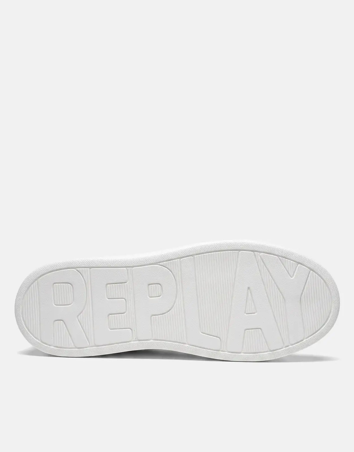 Bottom view of a white Replay Notting Agency sneaker sole featuring the embossed 'REPLAY' logo.