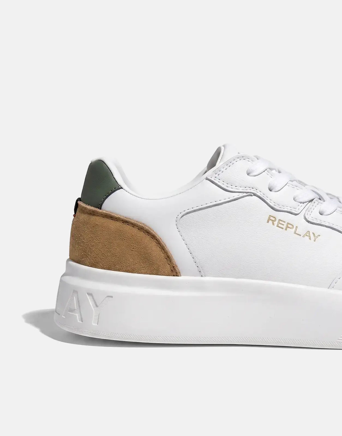Replay Notting Agency women's sneakers in white leather and tan suede, featuring a dark green heel tab and gold logo, side
