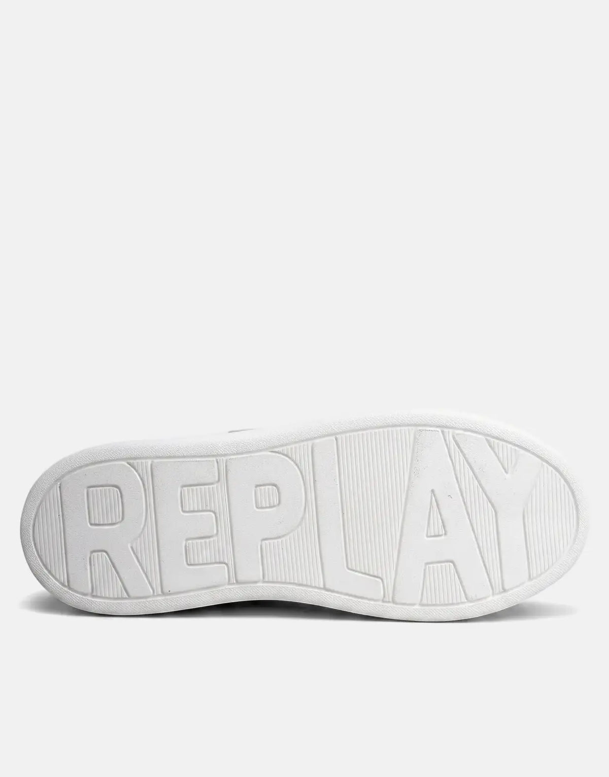 White Replay Notting Badges sneaker sole with embossed logo, detailed view showing the tread pattern.