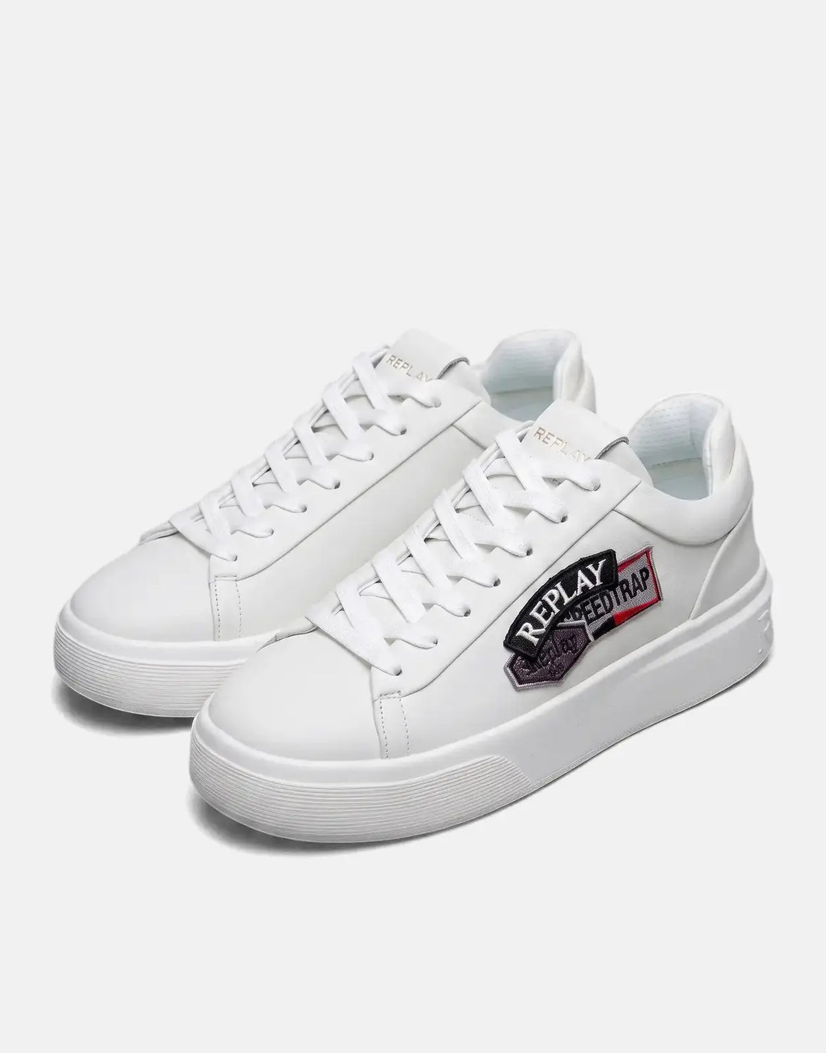 Pair of white Replay Notting Badges sneakers with distinctive embroidered 'REPLAY SPEEDTRAP' logo on the side, white laces,