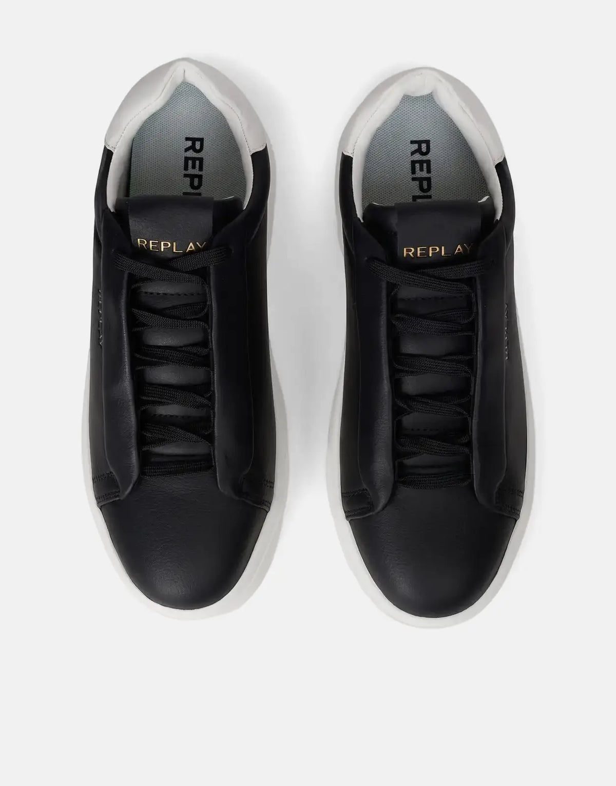Pair of Replay Notting Medium black leather sneakers with white soles, viewed from directly above.