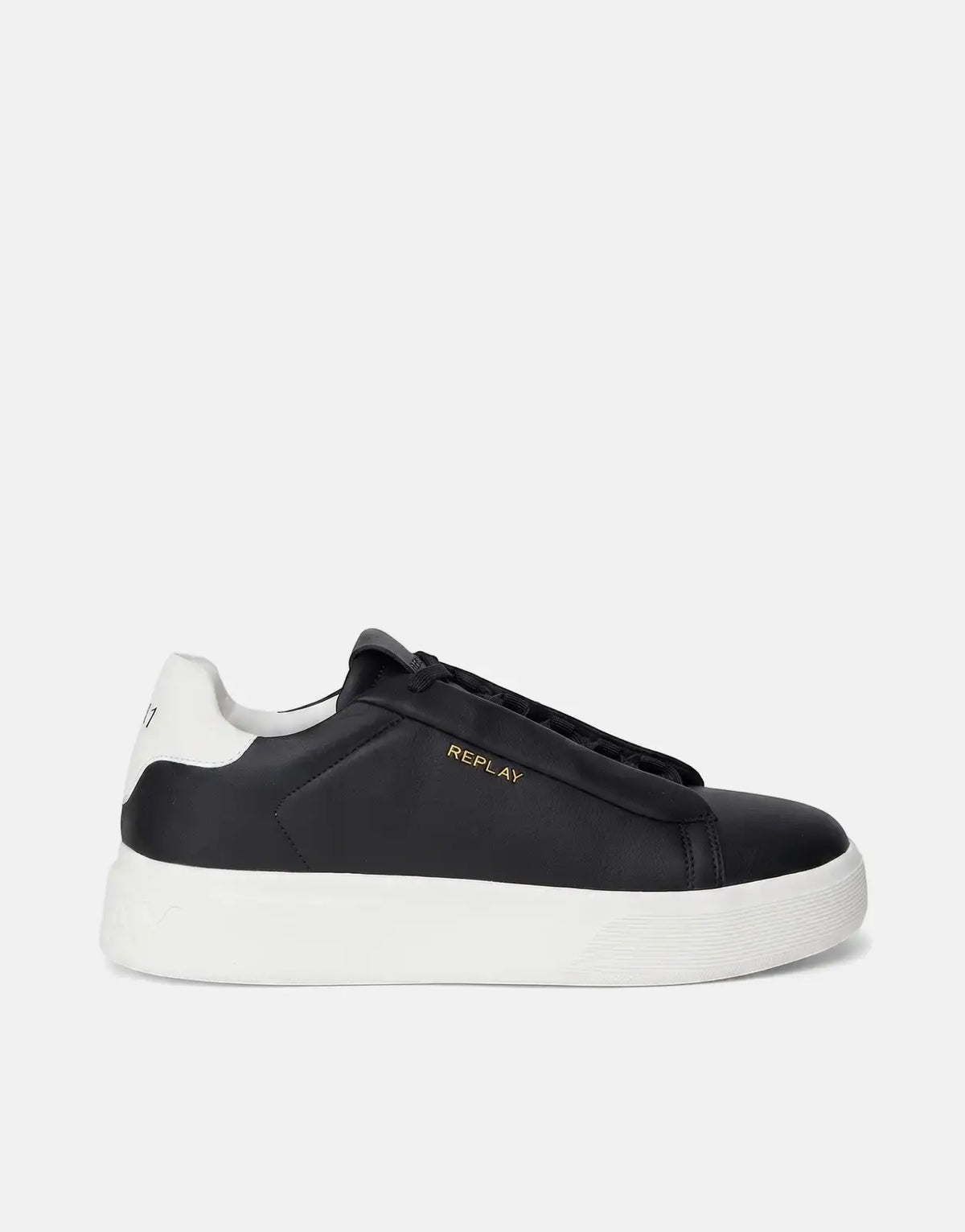 Replay Notting Medium black sneakers with white platform soles, featuring a gold logo, shown in a side profile view.