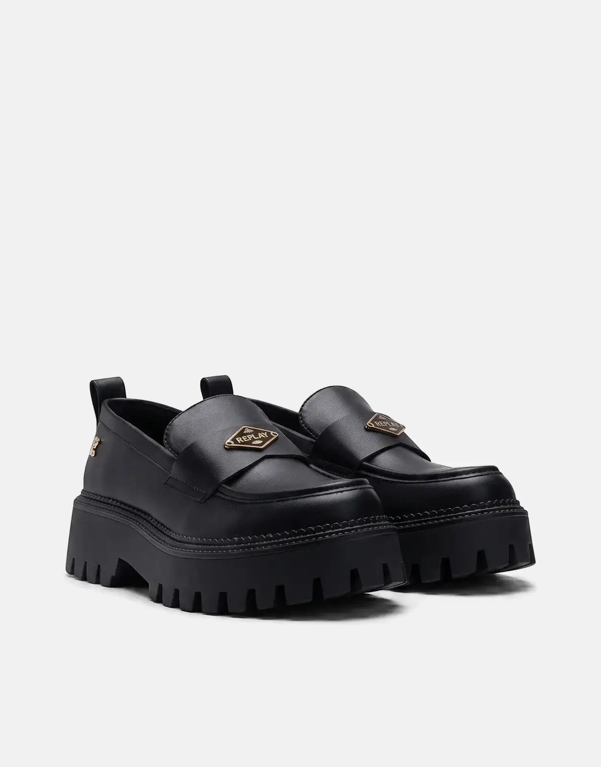 Pair of Replay Numb NY black leather chunky platform sneakers with gold-toned logo hardware on a light background.