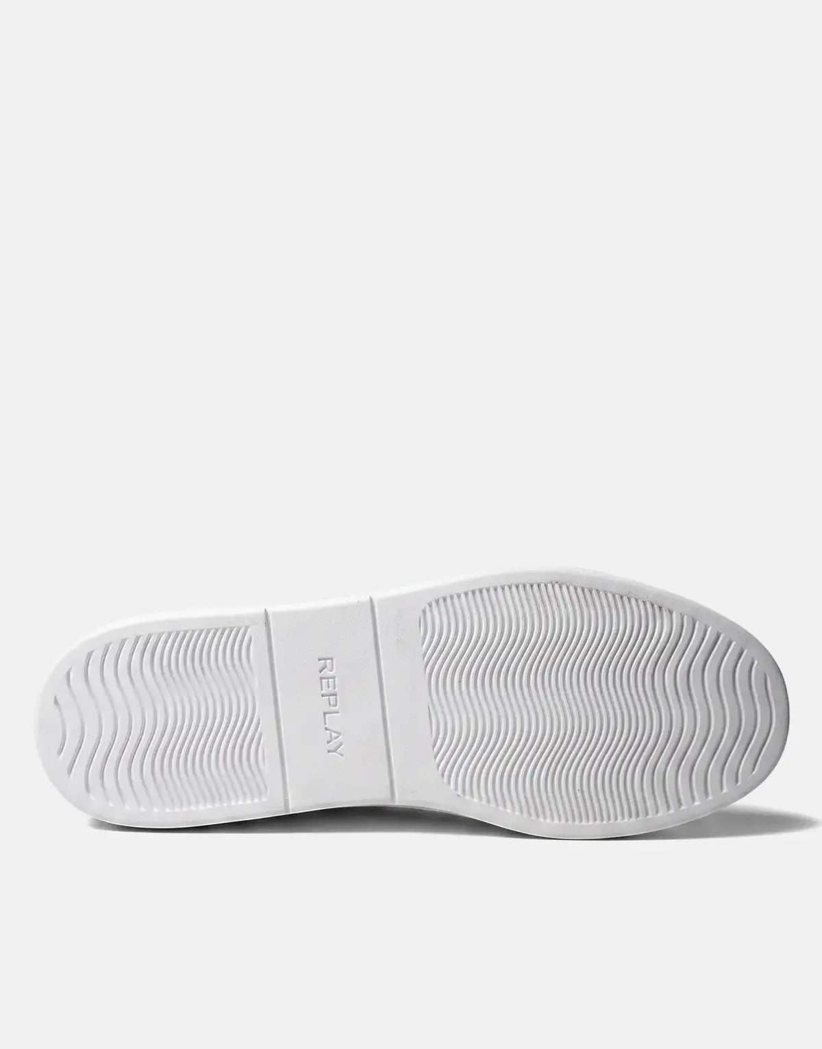 Bottom view of a white Replay Poly R SA sneaker sole, featuring a wavy grip pattern and the Replay logo.