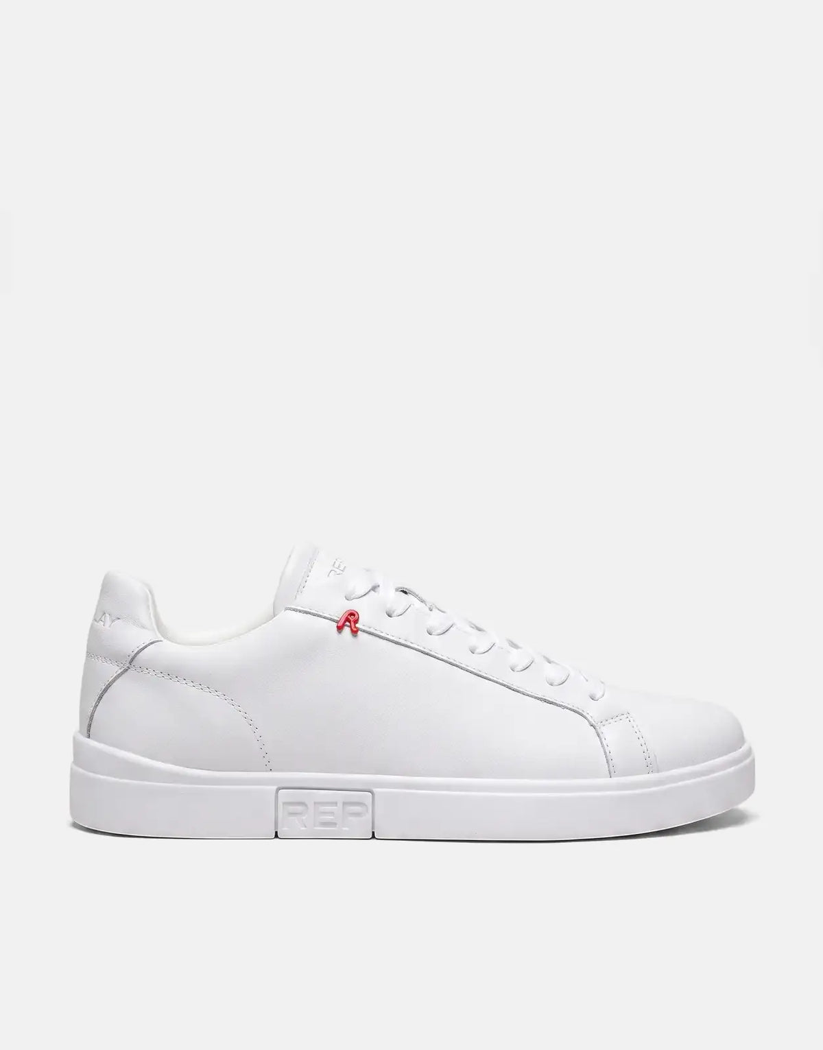 Replay Poly R SA white leather sneakers shown from the side with a small red R logo on the laces.