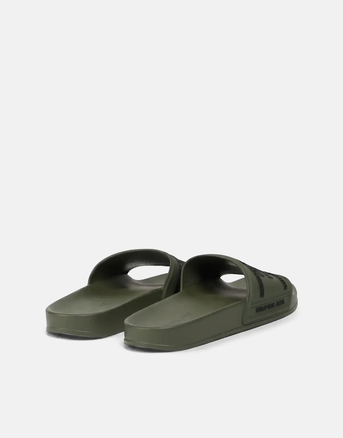 A pair of olive green Replay Up Graven Mil slides with black branding, viewed from an angled perspective on a clean white