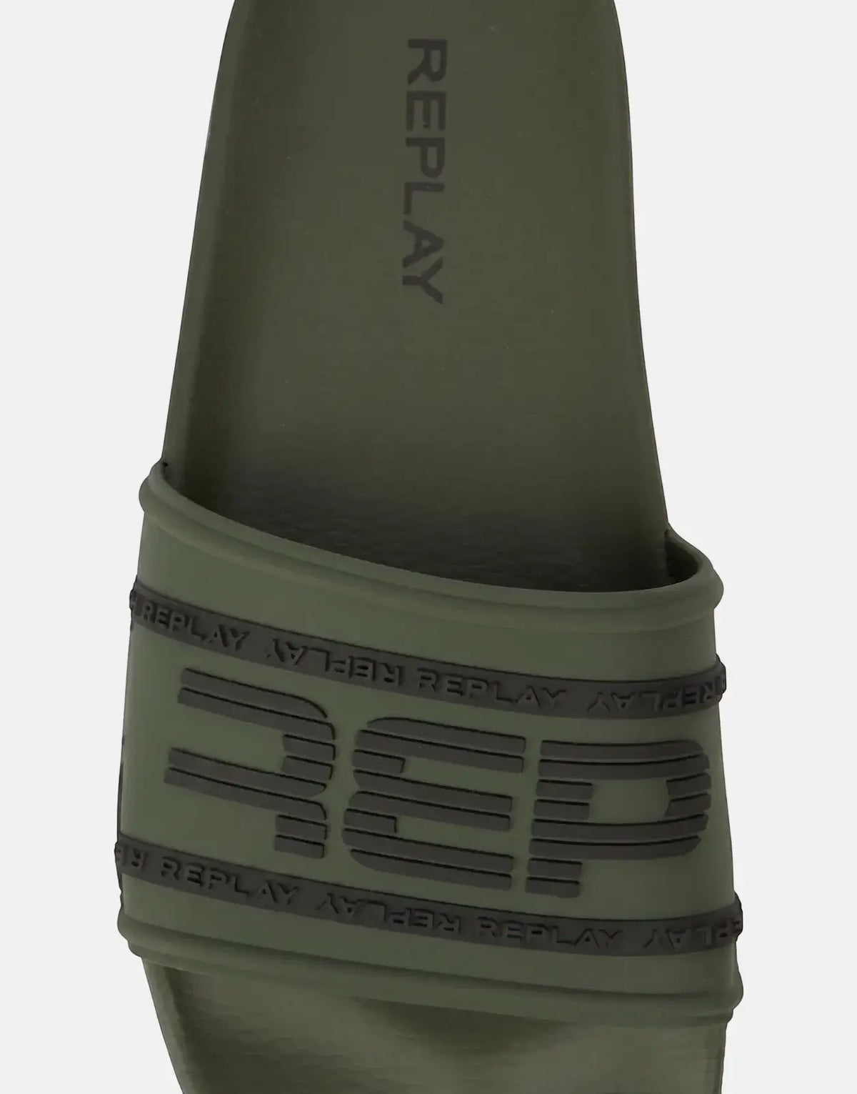 Replay Up Graven Mil green/black slides featuring olive green strap with embossed logo and contoured footbed.