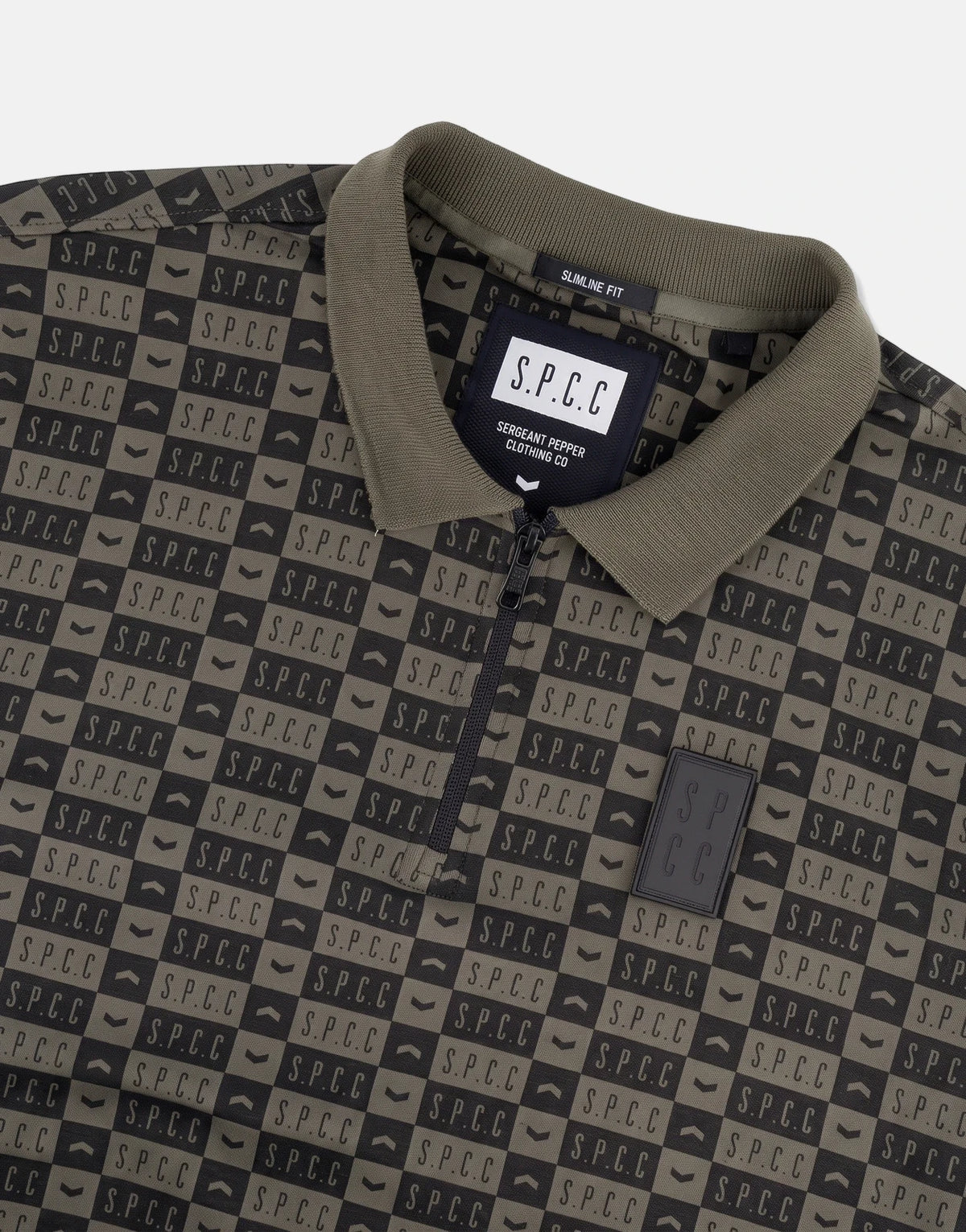SPCC Maro Fatigue Golfer polo shirt in dark olive green and black patterned fabric, featuring a quarter-zip placket and