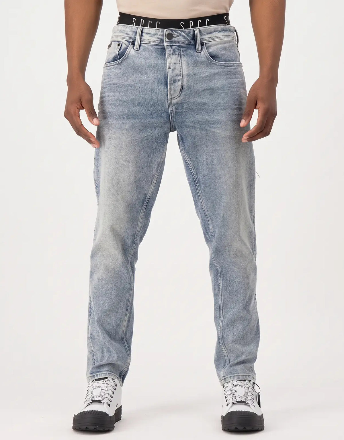 SPCC Subzero Bleach Jeans for men, featuring a light wash denim with distressed detailing and a classic fit, presented on a