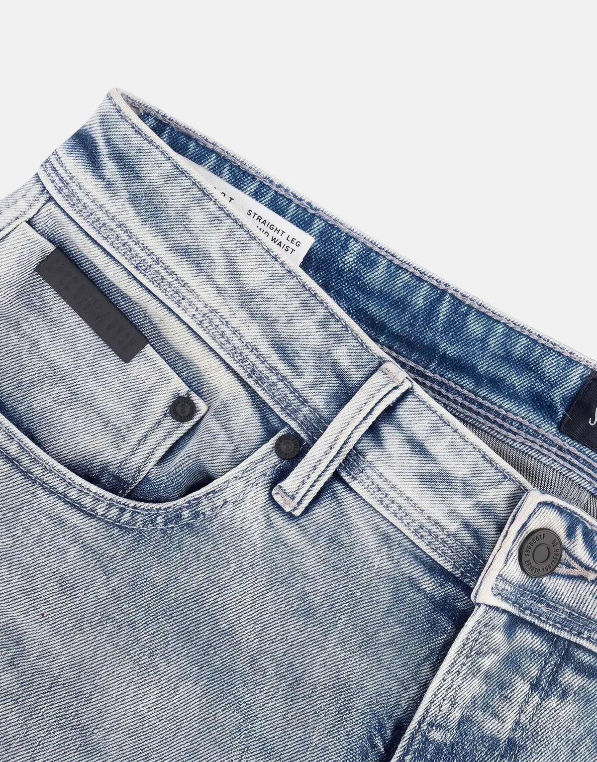Close-up of SPCC Subzero Bleach light blue acid wash straight leg jeans, showing the waist, pocket, and button closure.
