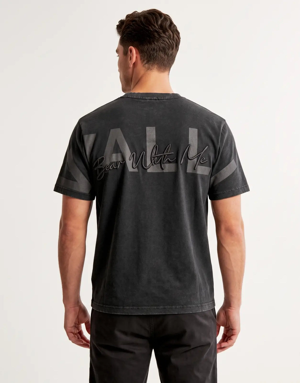 Vialli Natura Black T-Shirt with 'VALL Bear With Me' embossed graphic on the back, crafted from washed cotton.